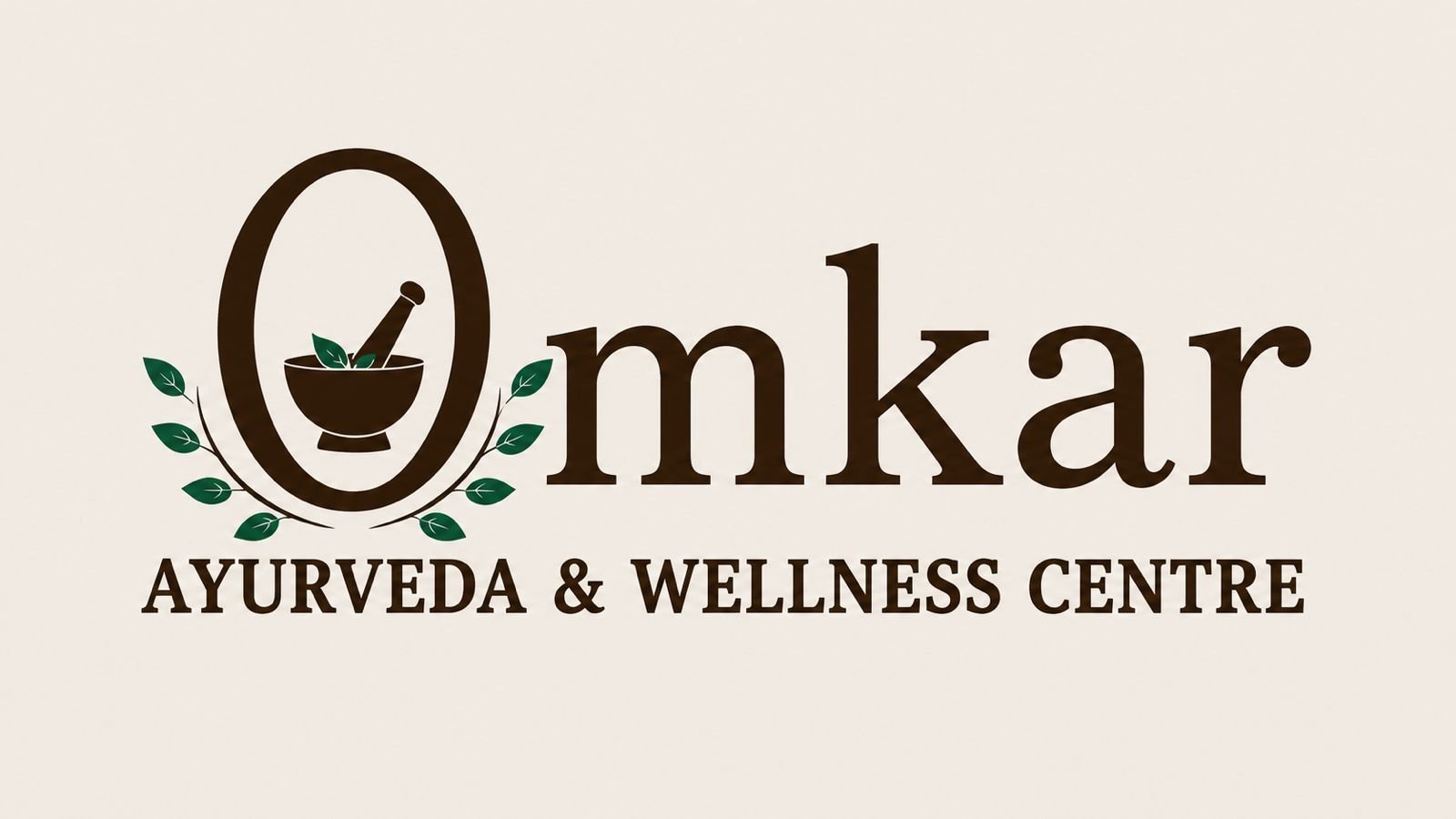Omkar Ayurveda & Wellness Centre logo: a khal-batta inside an oval O, framed by eight leaves, in brown and green
