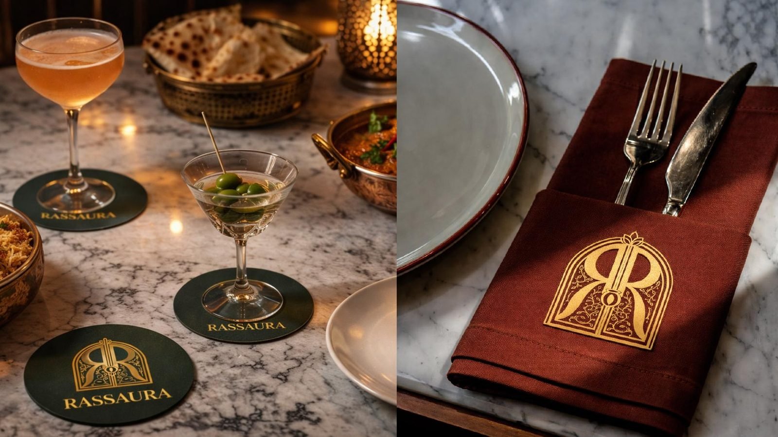 Rassaura coasters, plate and monogrammed napkin