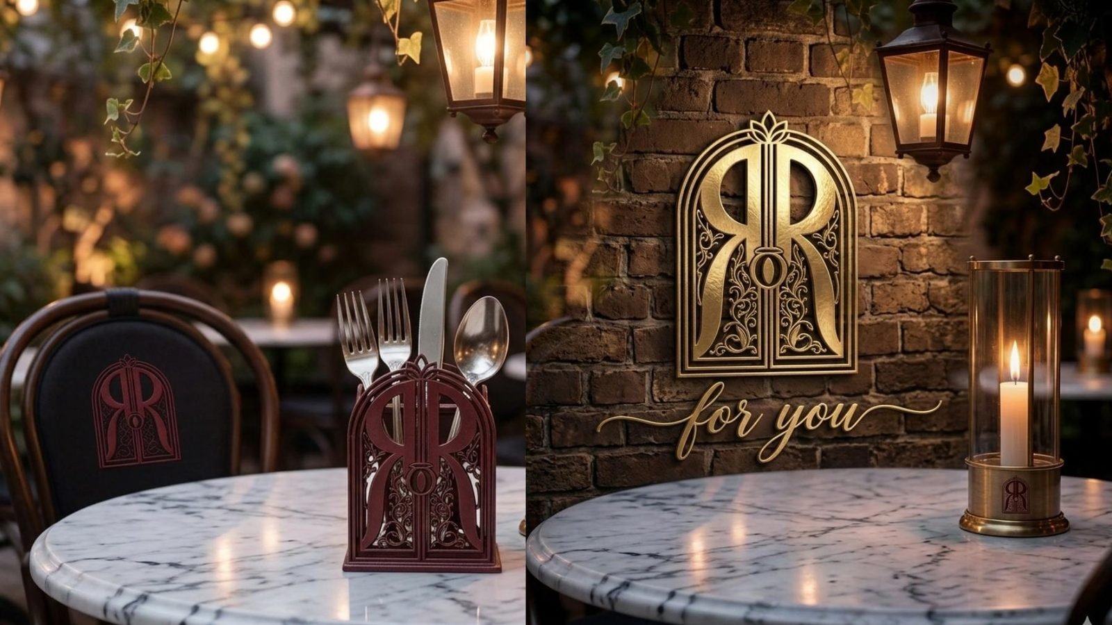 Garden table setting and the brass 'for you' wall signage