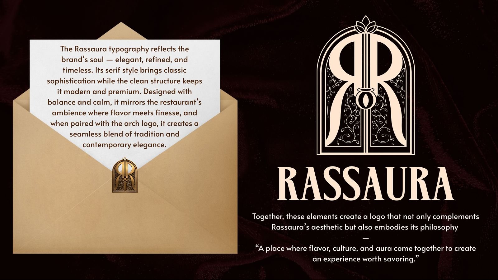 Rassaura typography page with the arch monogram and wordmark