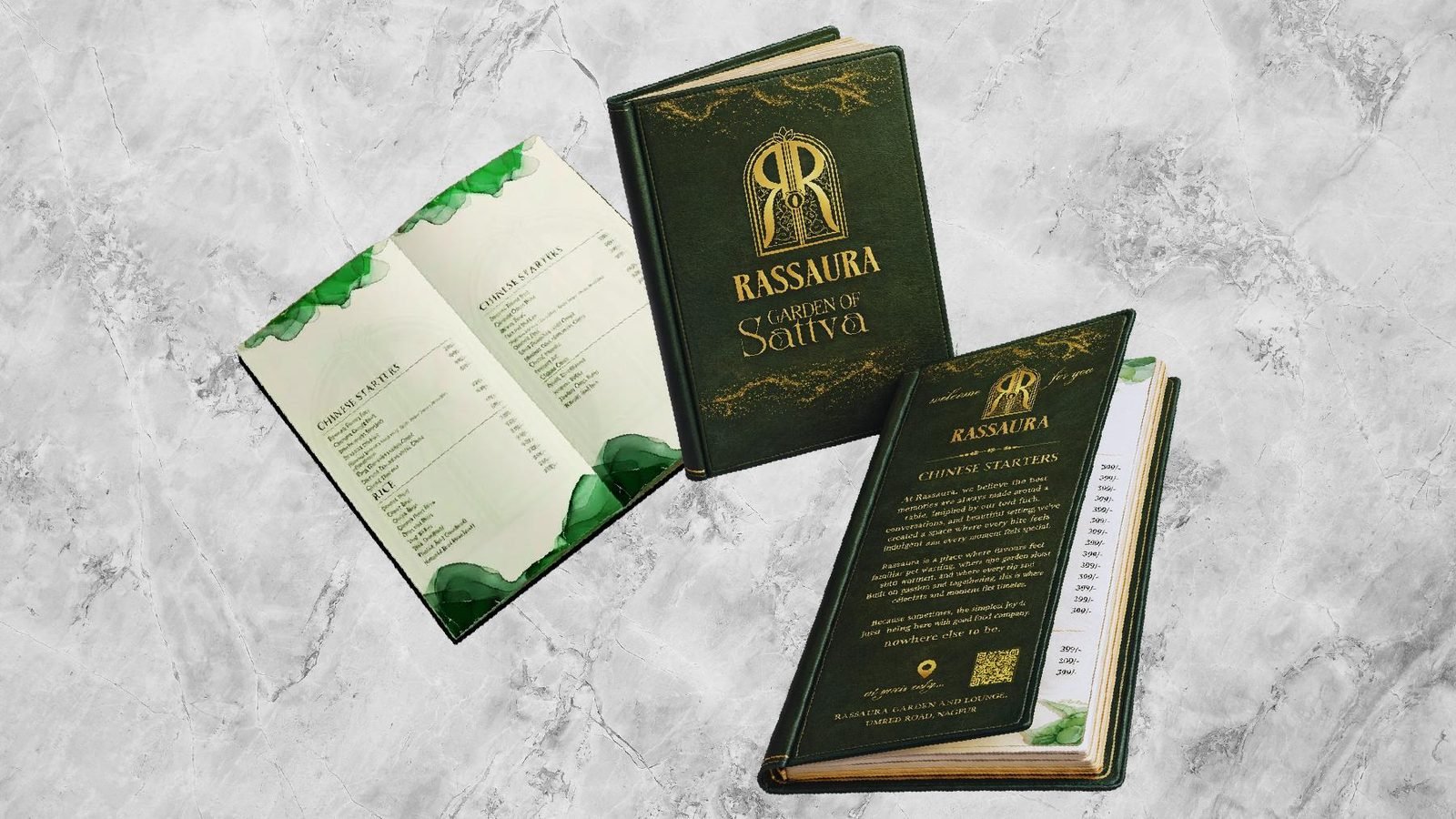 Garden of Sattva menu in green and gold