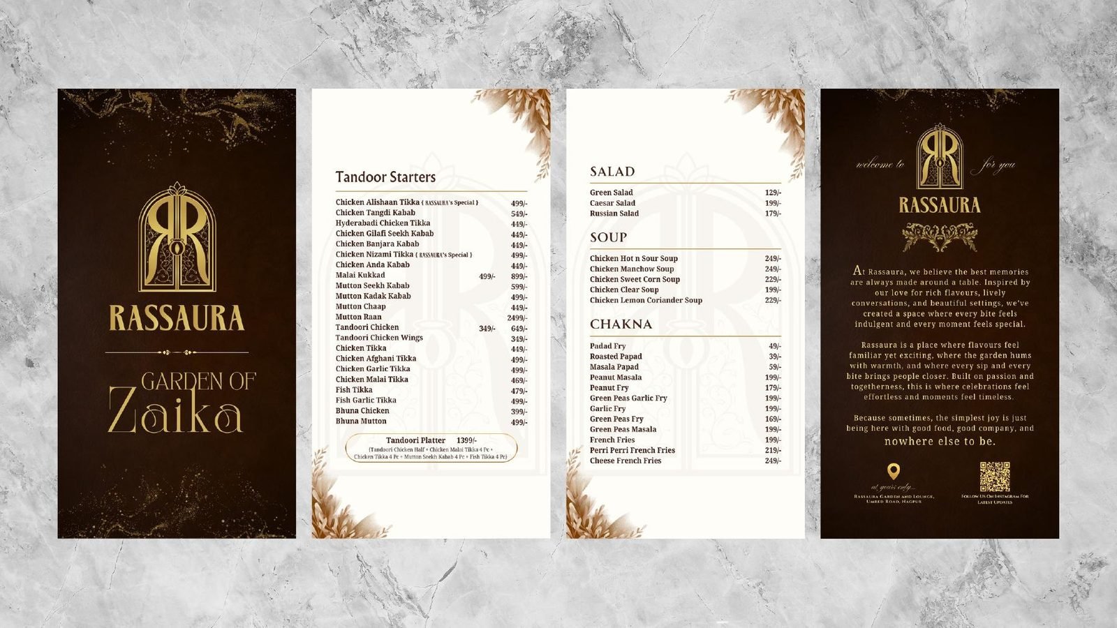 Garden of Zaika menu in brown and gold