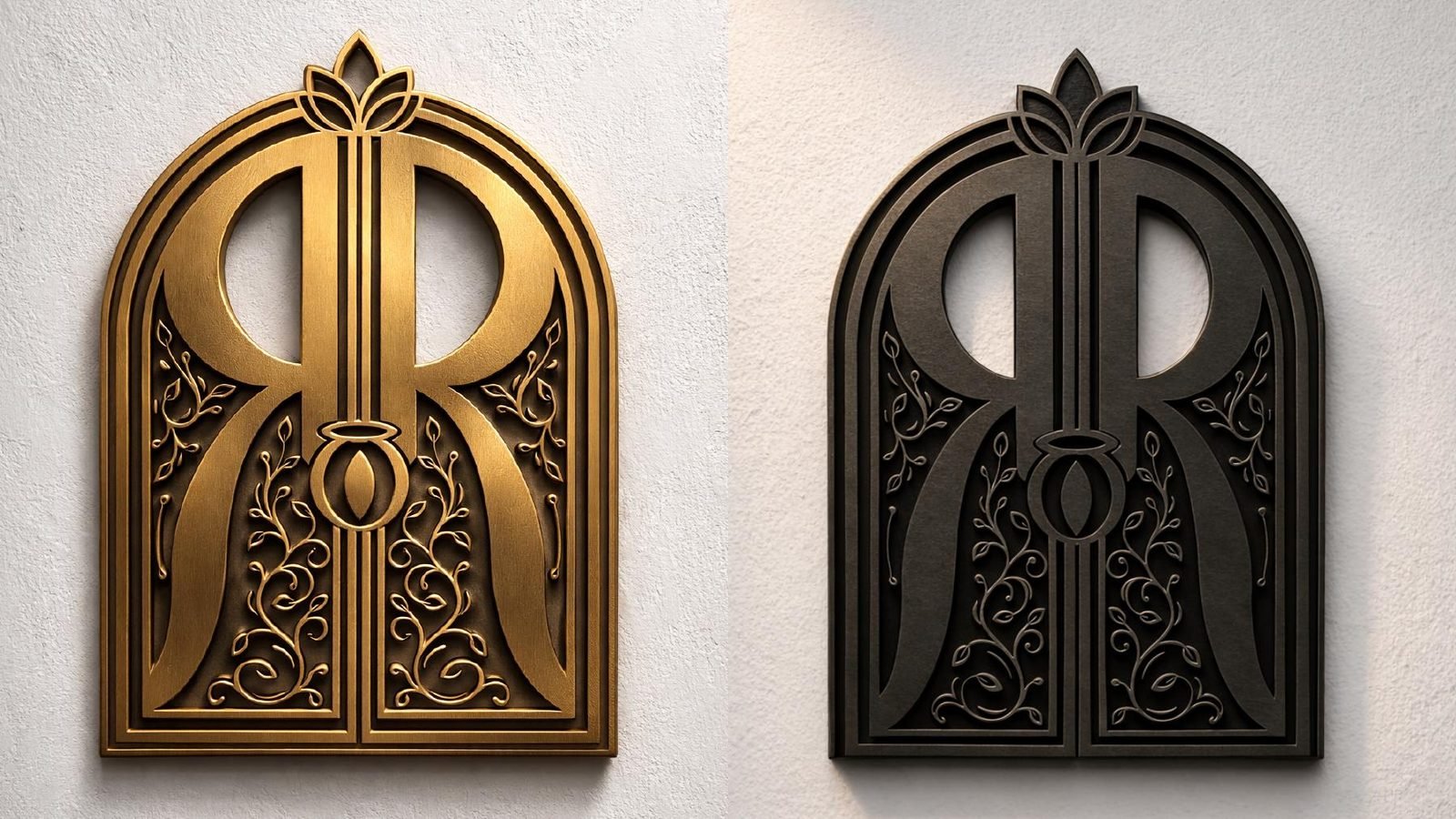 The Rassaura monogram as gold and black wall plaques