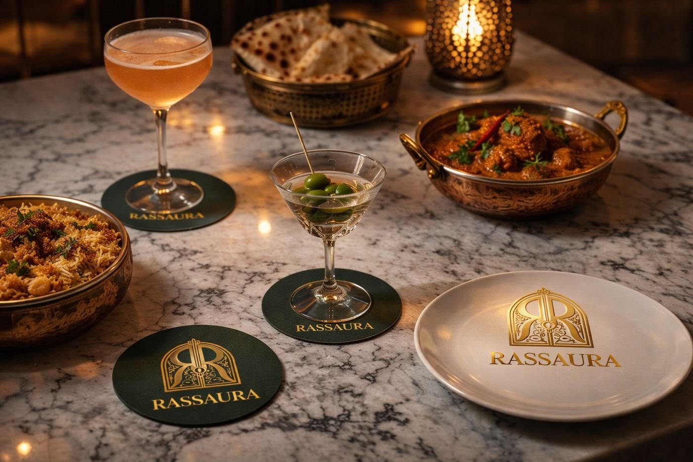 Rassaura coasters and plate on a marble table