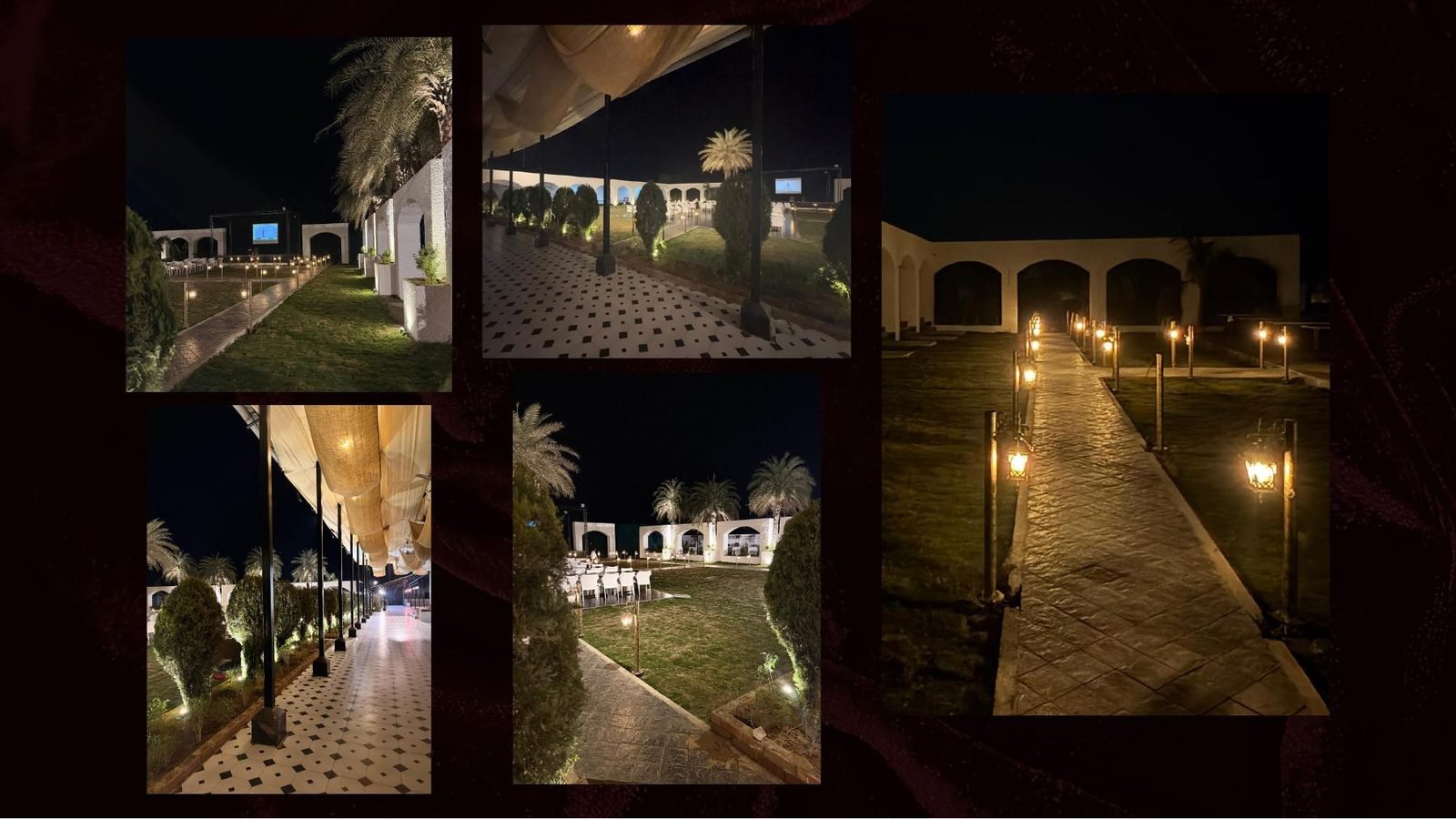 The Rassaura garden venue at night, with lantern-lit paths and arches