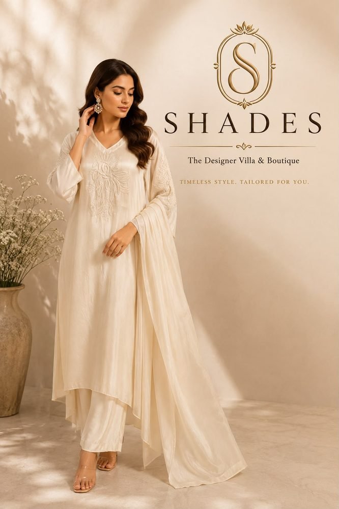 Shades campaign: model in an ivory embroidered kurta set