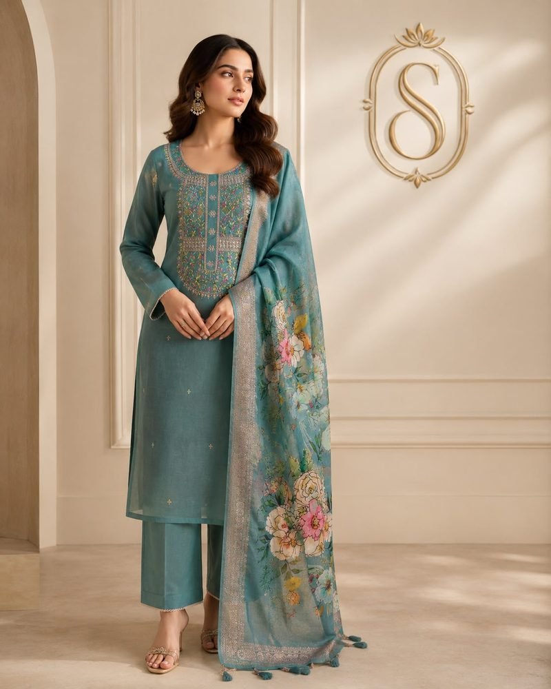 Shades campaign: model in a teal embroidered suit with a floral dupatta