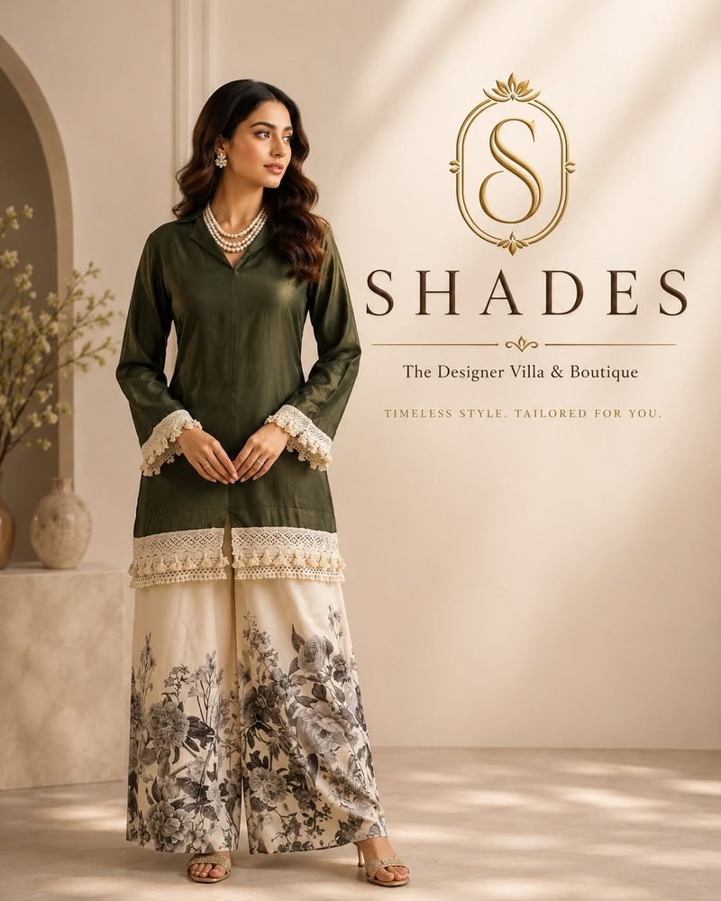 Shades campaign: model in an olive kurta with lace trim and floral palazzo