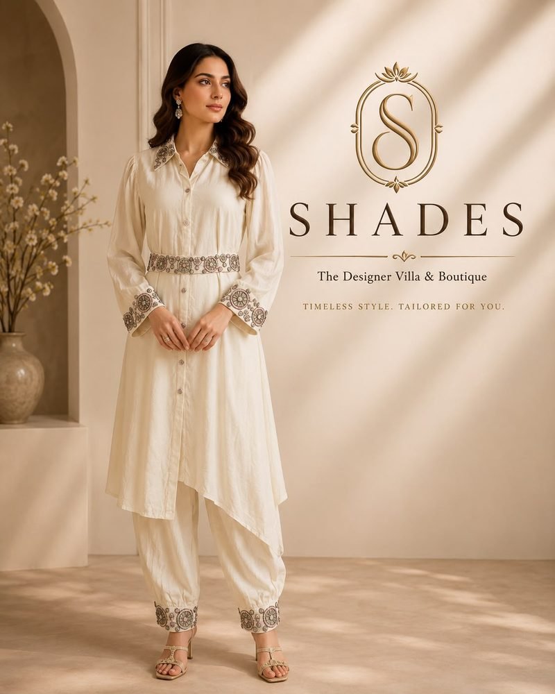 Shades campaign: model in an ivory co-ord with an embroidered belt