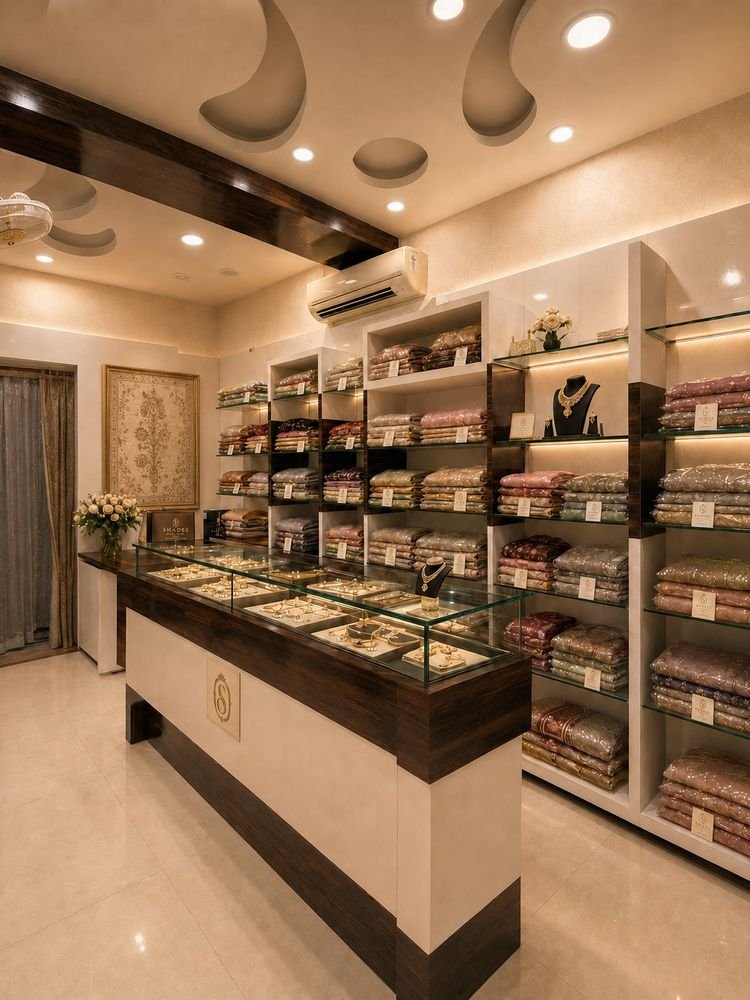 Shades fabric wall with folded fabrics, branded tags and a glass jewellery counter