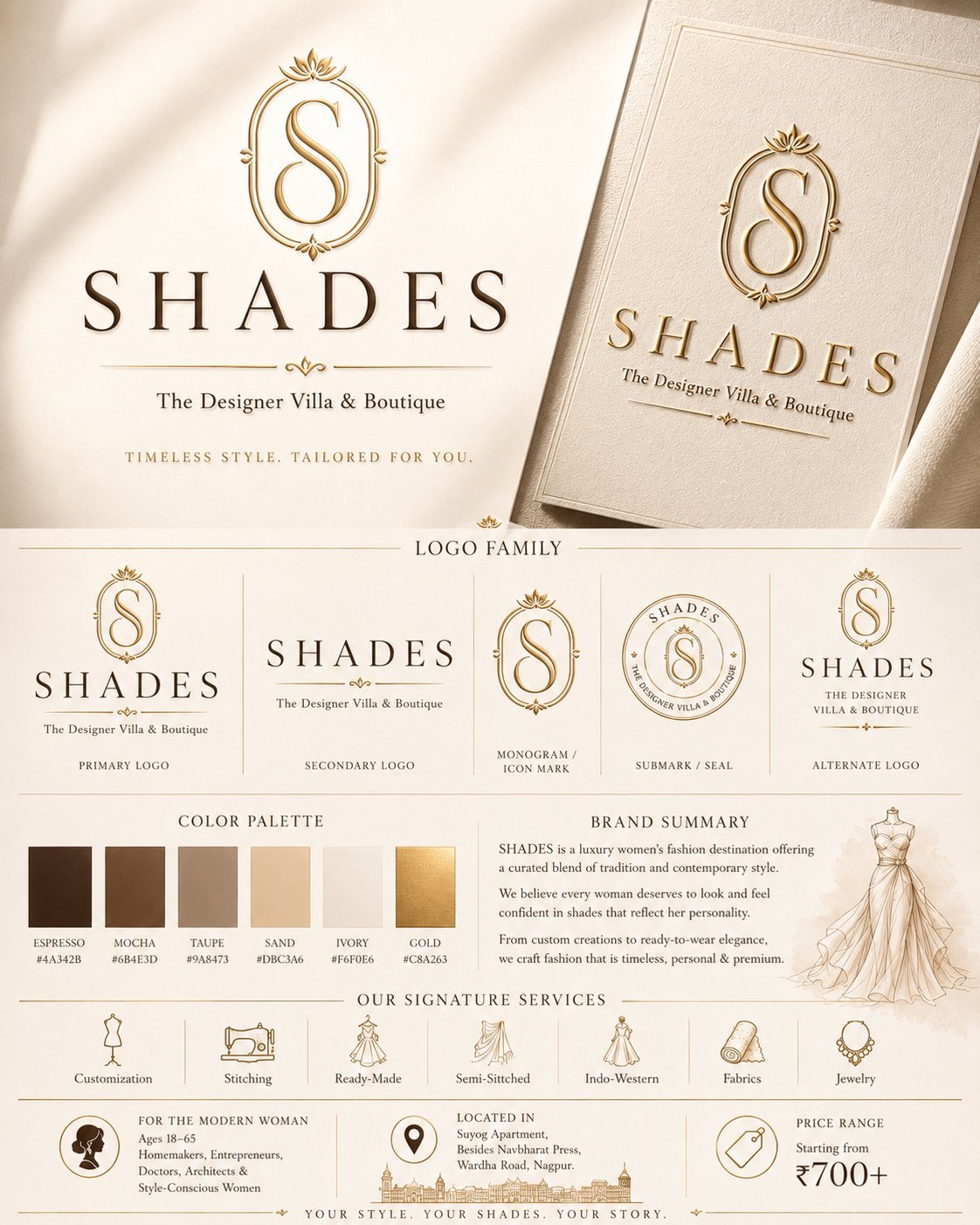 Shades brand identity board: the S monogram in an oval frame, the logo family, colour palette, brand summary and signature services