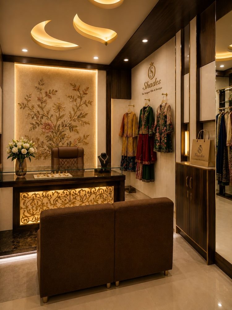Shades consultation lounge with a desk, sofa and the logo on the wall