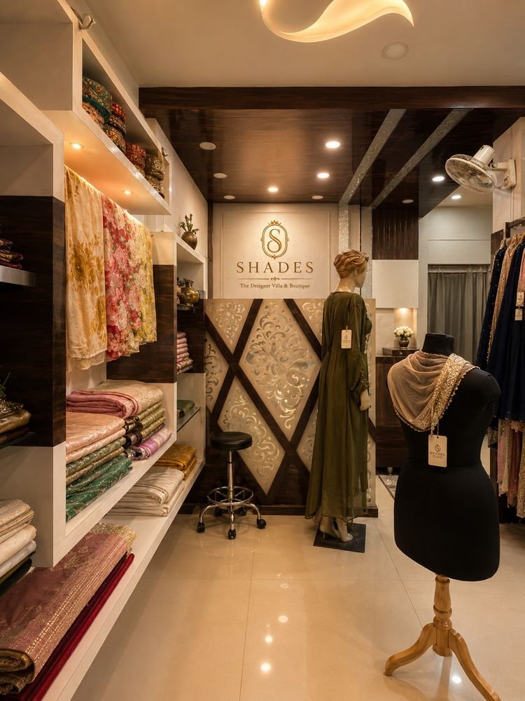 Shades interior with fabric shelves, mannequins and the logo wall
