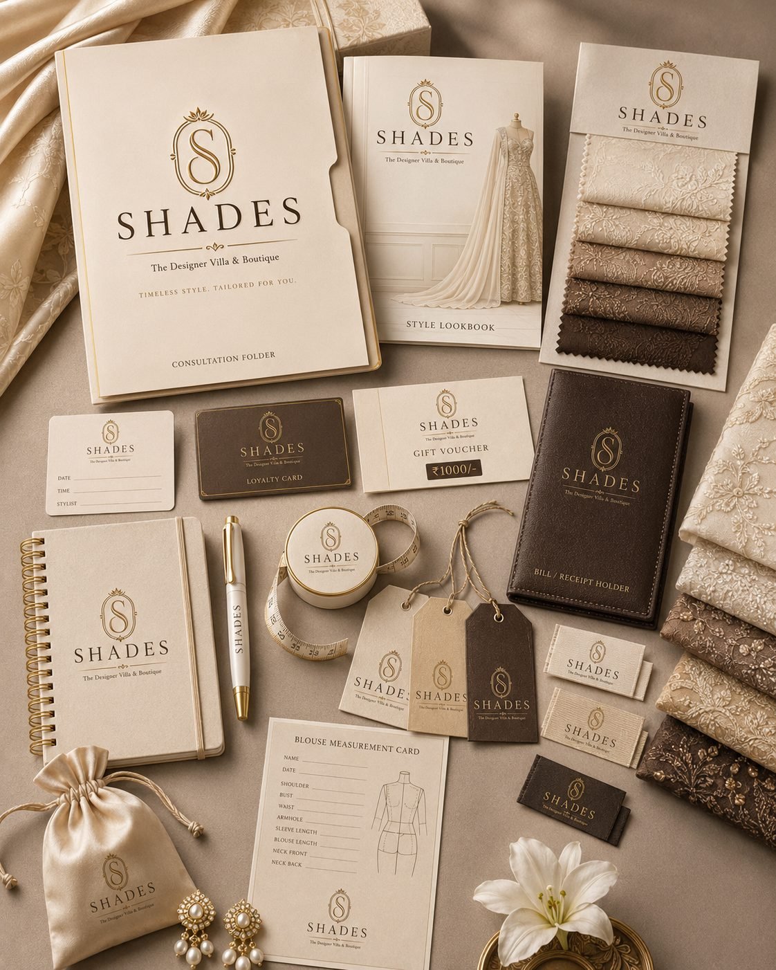 Shades stationery: consultation folder, style lookbook, fabric swatches, loyalty card, gift voucher, tags, labels and measurement card