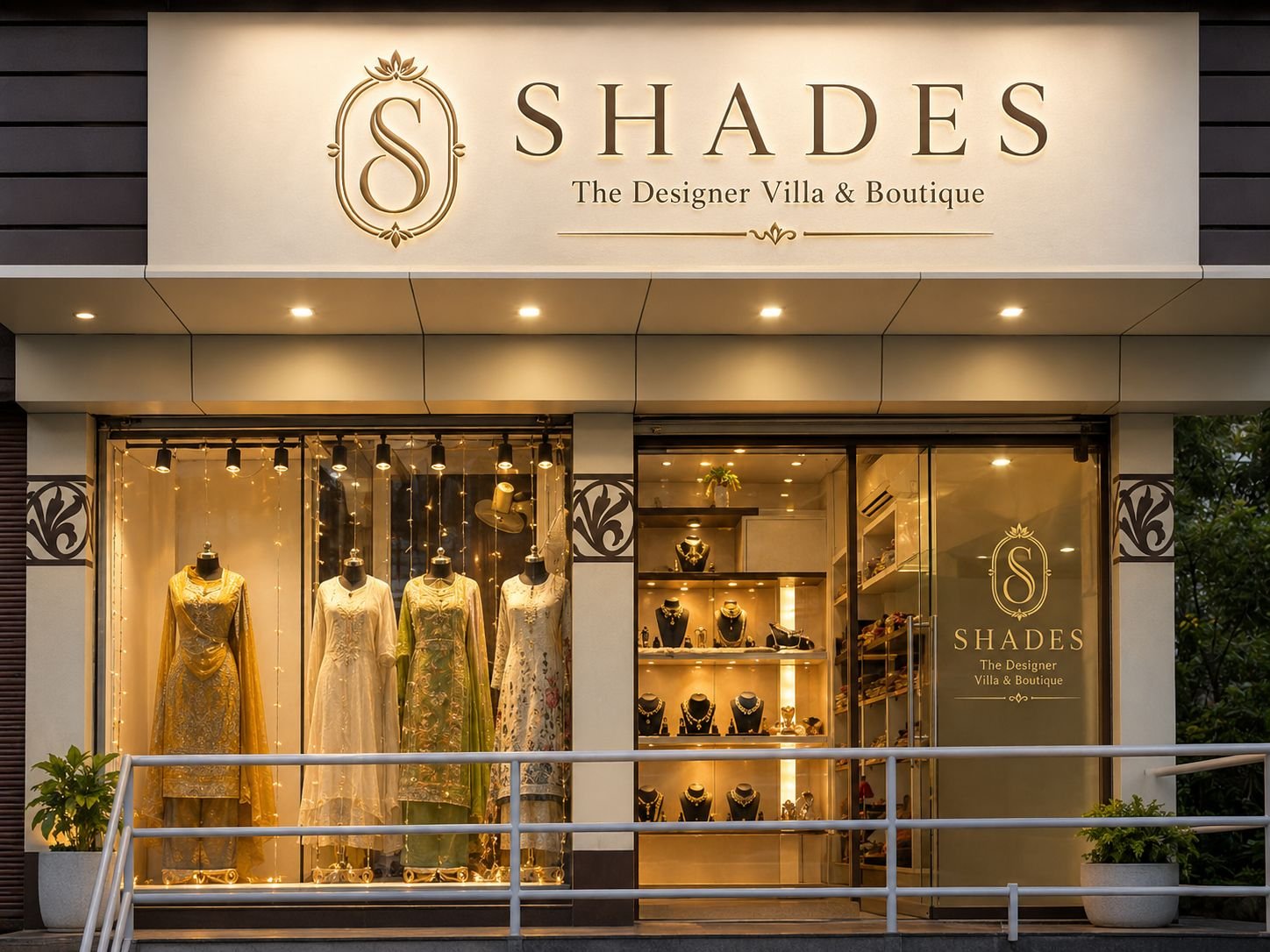 The Shades storefront at dusk, with the illuminated logo sign and lit display windows